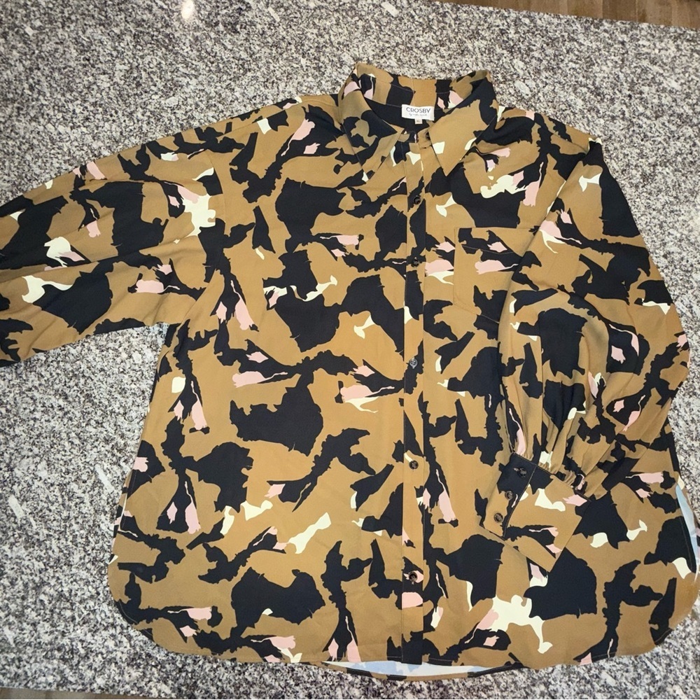 CROSBY by Mollie Burch Mignonne Undone Black Tan Oversized Button Down Shirt XL - Picture 4 of 15